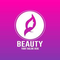 Beautiful woman fashion logo. Template vector linear style on purple and pink gradient background