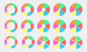 Pie and donut charts collection. Circle diagrams divided in 6 sections of different colors. Infographic wheels with six equal parts isolated on transparent background vector