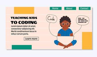 Landing page template with a child learning to code. Vector illustration, website, homepage