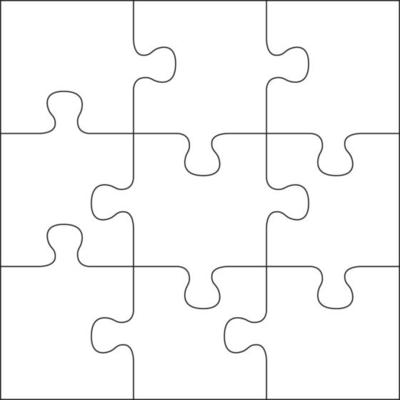 Puzzles grid template. Jigsaw puzzle 9 pieces, thinking game and 3x3 jigsaws detail frame design. Business assemble metaphor or puzzles game challenge vector illustration. EPS 10.