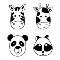 Set of doodle zoo animals. Hand drawn vector illustration of cute head raccoon, panda, zebra and giraffe isolated on white background. Good for childish design and coloring page book.