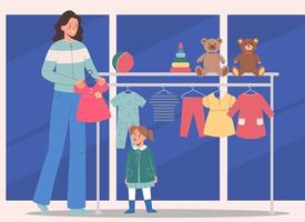 Kids clothing store. Happy mother with her daughter chooses dress at clothes store vector