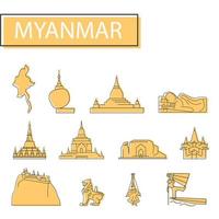Icons set of Myanmar. Set of map, architecture, tradition and more. vector