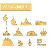 conjunto de iconos de myanmar. conjunto de mapa, arquitectura, tradición y más. vector