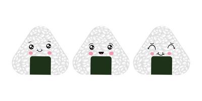 ilustración vectorial de onigiri al estilo de kawaii. comida rápida japonesa hecha de arroz con un relleno en forma de triángulo de alga nori. vector