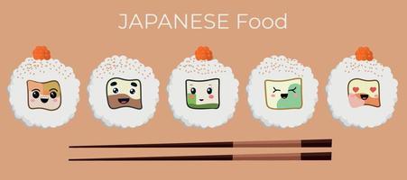 Vector illustration of Onigiri in the style of kawaii. Japanese fast food made of rice with a filling formed in the form of a triangle of nori seaweed