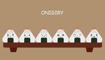 Vector illustration of Onigiri in the style of kawaii. Japanese fast food made of rice with a filling formed in the form of a triangle of nori seaweed.