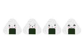 Vector illustration of Onigiri in the style of kawaii. Japanese fast food made of rice with a filling formed in the form of a triangle of nori seaweed.