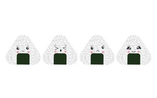 ilustración vectorial de onigiri al estilo de kawaii. comida rápida japonesa hecha de arroz con un relleno en forma de triángulo de alga nori. vector