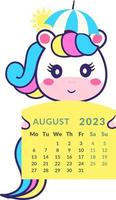 The unicorn is holding the calendar month august 2023. vector