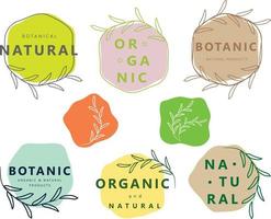 alimentos orgánicos y naturales, productos botánicos y orgánicos, logotipos botánicos, iconos, insignias y colección de pegatinas para el comercio electrónico del mercado de alimentos y bebidas. vector