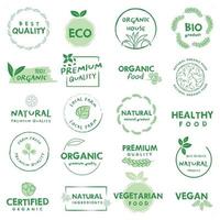 alimentos orgánicos, productos naturales y logotipo de vida saludable, pegatinas e insignias. vector