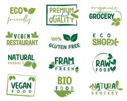 Organic food, natural product and farm fresh sign icons and elements collection for food market. vector