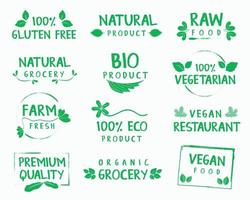 alimentos orgánicos, productos naturales y logotipo de vida saludable, pegatinas e insignias. vector