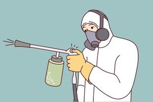 Man in protective uniform spraying pesticide to kill insects and rodents. Male exterminator or pest control worker in suit doing disinfection. Vector illustration.