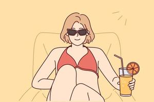 Woman in bikini and sunglasses drink cocktail enjoy summertime on beach. Happy girl in swimsuit enjoy summer vacation on seashore. Vector illustration.