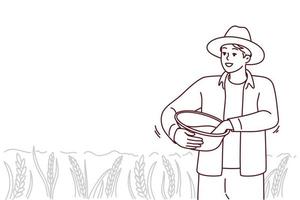 Male farmer working in field on harvest season. Smiling man busy with agriculture on pasture or cropland. Vector illustration.