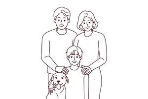 Portrait of young family with child and dog. Smiling parents with kid and pet posing together. Vector illustration.