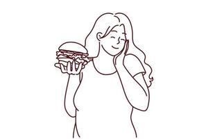 feliz mujer con sobrepeso sosteniendo una hamburguesa emocionada por la comida rápida. chica gorda sonriente comiendo hamburguesas grasas poco saludables. dieta y nutrición. ilustración vectorial