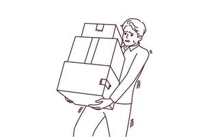 Tired young man carrying stack of boxes. Exhausted male carrier with pile of cardboard packages. Delivery concept. Vector illustration.