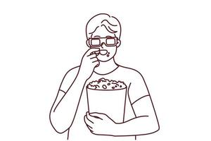 Happy young man in 3D glasses eating popcorn watching movie in cinema. Smiling male have snack enjoy film in theater on weekend. Entertainment. Vector illustration.