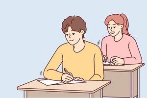 Smiling students sit at desk writing in notebooks on lesson in school. Happy pupils handwriting at class. Education and learning. Vector illustration.