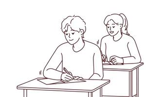 Smiling students sit at desk writing in notebooks on lesson in school. Happy pupils handwriting at class. Education and learning. Vector illustration.