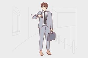 Young businessman in suit look at watch checking time. Male employee or worker think of meeting deadline or missing appointment. Time management. Vector illustration.