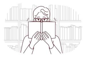 Man in glasses reading book in library. Happy guy in eyewear enjoy literature in bookshop. Education and learning. Vector illustration.