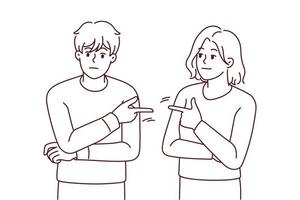 Couple point fingers at each other avoid responsibility in fight or argument. Stubborn man and woman put guilt on one another. Relationship problem. Vector illustration.