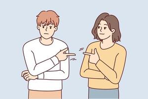 Couple point fingers at each other avoid responsibility in fight or argument. Stubborn man and woman put guilt on one another. Relationship problem. Vector illustration.