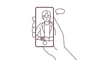 Hand holding cellphone have online consultation with doctor. Person talk on video call with GP in smartphone. Remote consulting. Vector illustration.