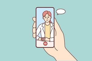 Hand holding cellphone have online consultation with doctor. Person talk on video call with GP in smartphone. Remote consulting. Vector illustration.