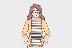 Smiling young woman in glasses with pile of books enjoy reading. Happy girl with stack of textbooks. Literature and learning. Vector illustration.