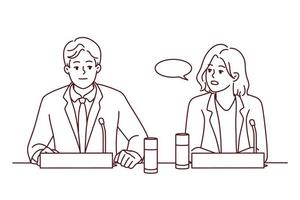 Businesspeople sit at desk at meeting speak in microphones. Employees at conference making speech. Business and briefing. Vector illustration.