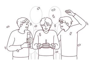 Smiling guys greeting friend with cake and balloons. Happy people celebrate birthday together. Party and celebration. Vector illustration.