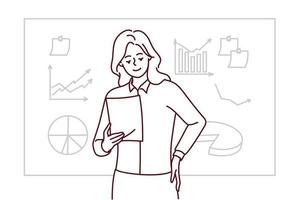 Businesswoman hold document make business presentation near board in office. Smiling female speaker with paperwork present near whiteboard. Vector illustration.