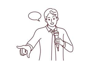 Young confident man with microphone make speech in front of audience. Smiling male speaker or coach with mic talk or make presentation. Vector illustration.