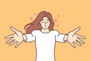 Happy young woman stretch arms waiting for love and kisses. Smiling girl share affection and feelings. Vector illustration.
