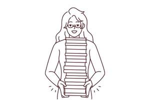 Smiling young woman in glasses with pile of books enjoy reading. Happy girl with stack of textbooks. Literature and learning. Vector illustration.