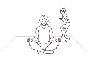 Calm young mom meditate at home with child playing near. Relaxed woman sit in lotus position practice yoga distracted from naughty kid. Vector illustration.