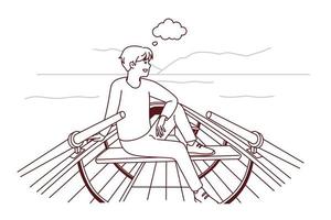 hombre feliz sentado en bote en el paisaje natural pensando e imaginando. un tipo sonriente se relaja en un barco navegando en el río soñando y visualizando. ilustración vectorial vector