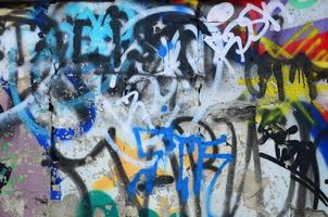 Close-up fragment of a graffiti drawing applied to the wall by aerosol paint. The wall is spoiled by a multitude of colorful signatures and tags from street artists and hooligans photo