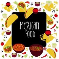 fondo de marco con ilustración de tacos de comida mexicana, burrito, chili con carne, guacamole, ilustración de salsa roja sobre fondo blanco vector
