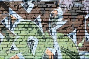Fragment of graffiti drawings. The old wall decorated with paint stains in the style of street art culture. Colored background texture in warm tones photo