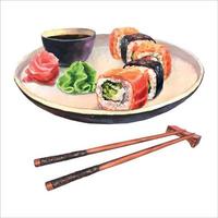 Hand drawn watercolor sushi set on ceramic dish with chopsticks, isolated on white background. Food design. vector