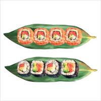 ilustración acuarela de un juego de rollos de sushi en una hoja de algas marinas. se puede utilizar para el diseño de menús, banners, diseño de sitios web de cafeterías o restaurantes vector