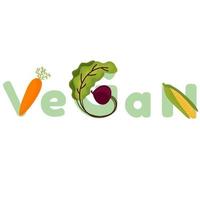 Vector vegan hand drawn text  with vegetables. Green vector lettering illustration.Healthy food.Veganuary