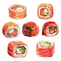 conjunto de rollos dibujados a mano con acuarela. comida japonesa, aislada sobre fondo blanco. menú de restaurante japonés. vector