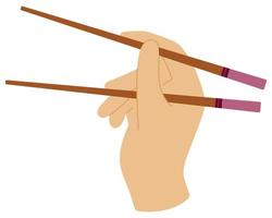 Cartoon right hand of person using bamboo chopsticks on white background vector